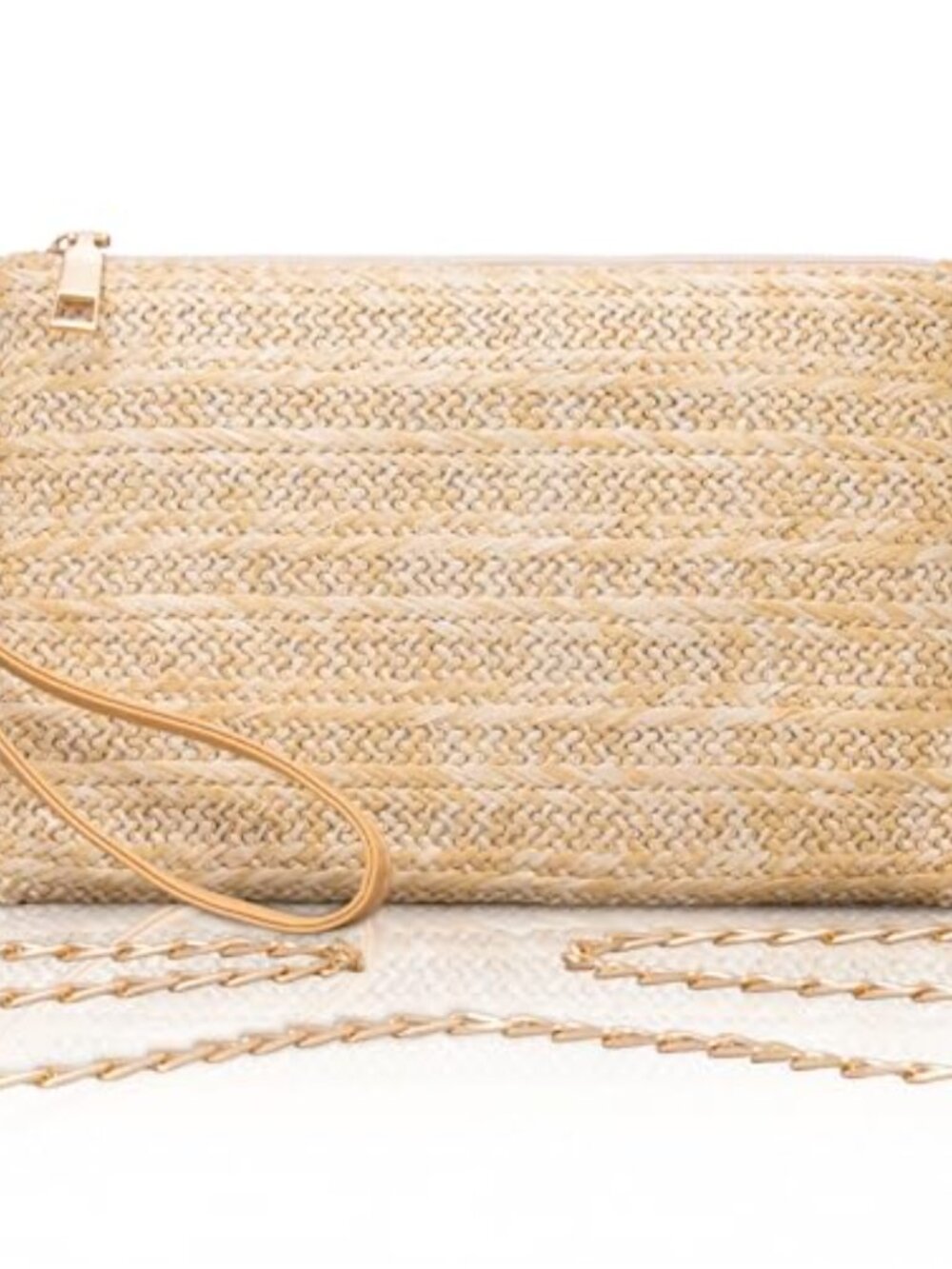 Woven Straw Clutch Crossbody Bag with Wrist Strap & Chain
